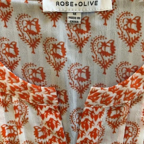Rose + Olive Womens Orange White Paisley Pintuck Boho Tunic Blouse Top Size 1X - Picture 8 of 13